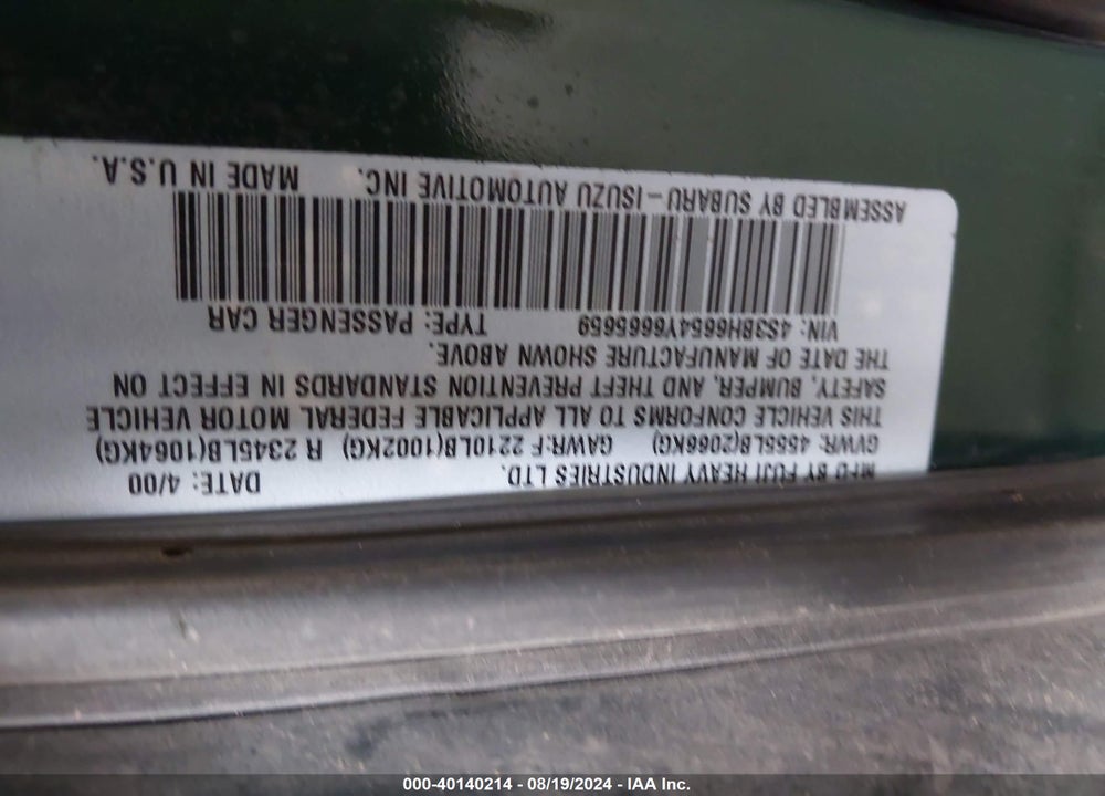 2000 SUBARU OUTBACK VIN: 4S3BH6654Y6665659