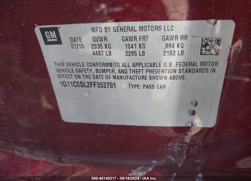 2015 CHEVROLET MALIBU 1LT VIN: 1G11C5SL2FF353791