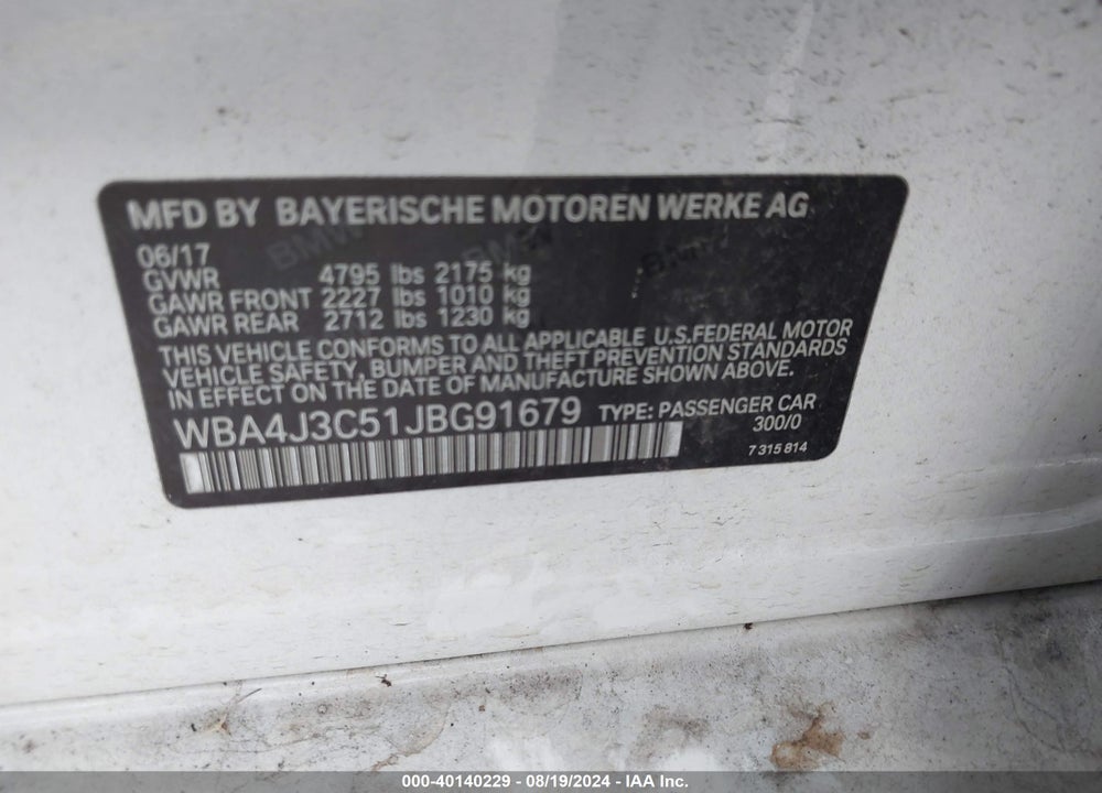 2018 BMW 430I GRAN COUPE XDRIVE VIN: WBA4J3C51JBG91679