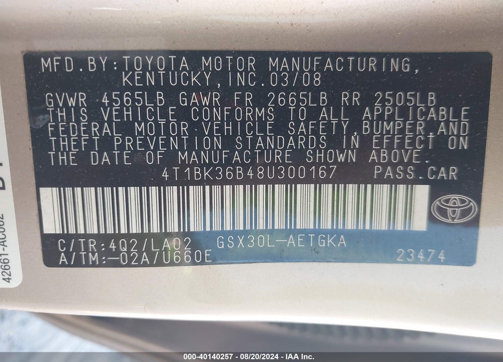 2008 TOYOTA AVALON XLS VIN: 4T1BK36B48U300167