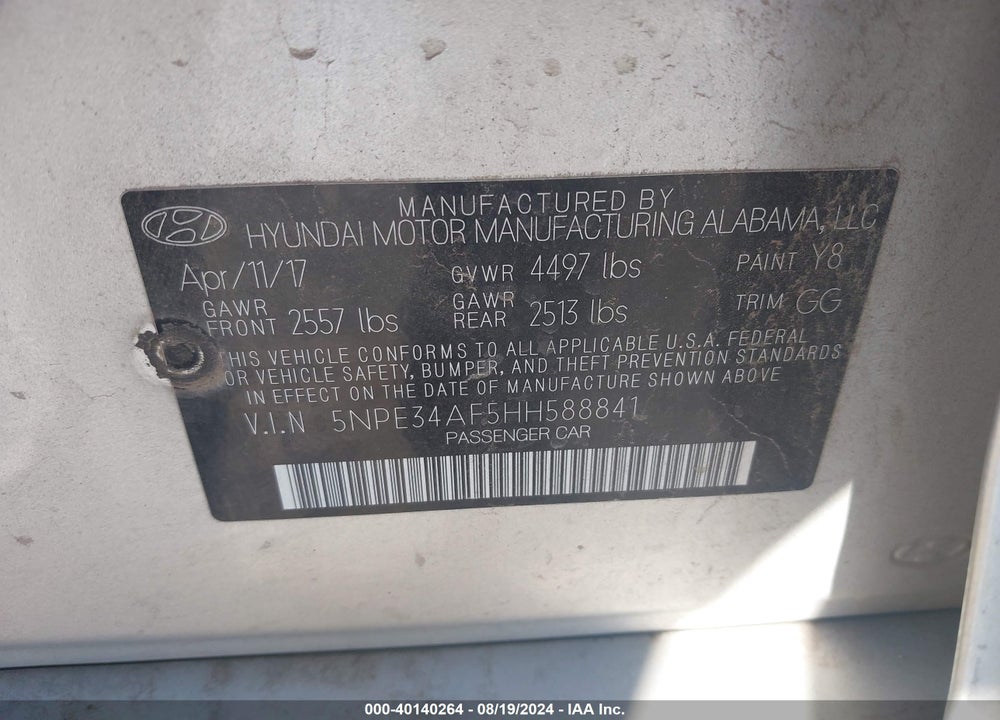 2017 HYUNDAI SONATA SPORT VIN: 5NPE34AF5HH588841