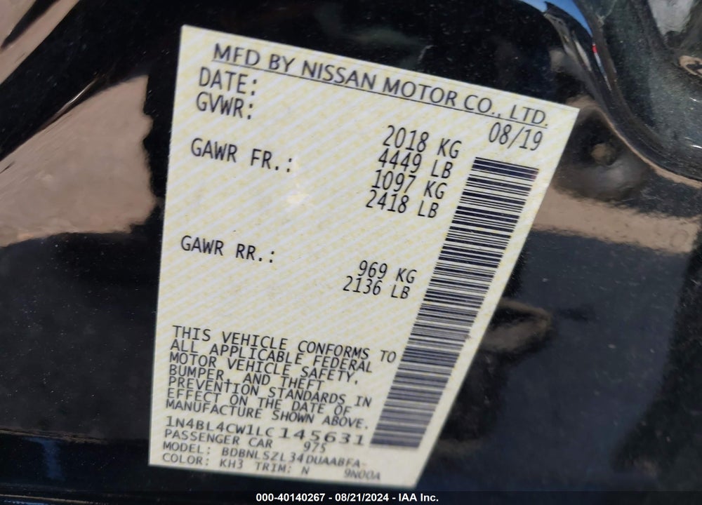2020 NISSAN ALTIMA SR INTELLIGENT AWD VIN: 1N4BL4CW1LC145631