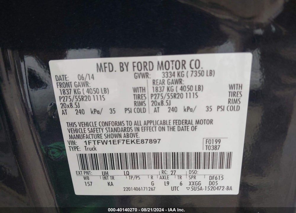 2014 FORD F-150 KING RANCH VIN: 1FTFW1EF7EKE87897