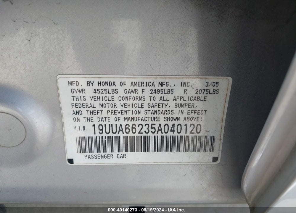2005 ACURA TL VIN: 19UUA66235A040120