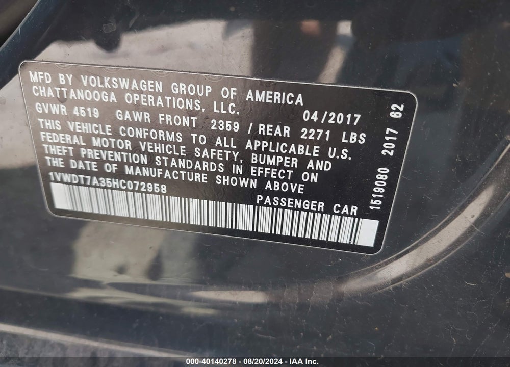 2017 VOLKSWAGEN PASSAT R-LINE VIN: 1VWDT7A35HC072958