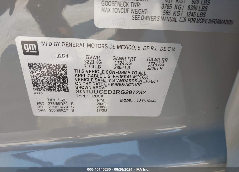 2024 GMC SIERRA 1500 ELEVATION VIN: 3GTUUCED1RG287232