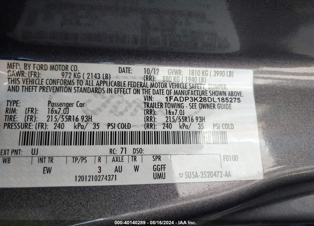 2013 FORD FOCUS SE VIN: 1FADP3K28DL185275