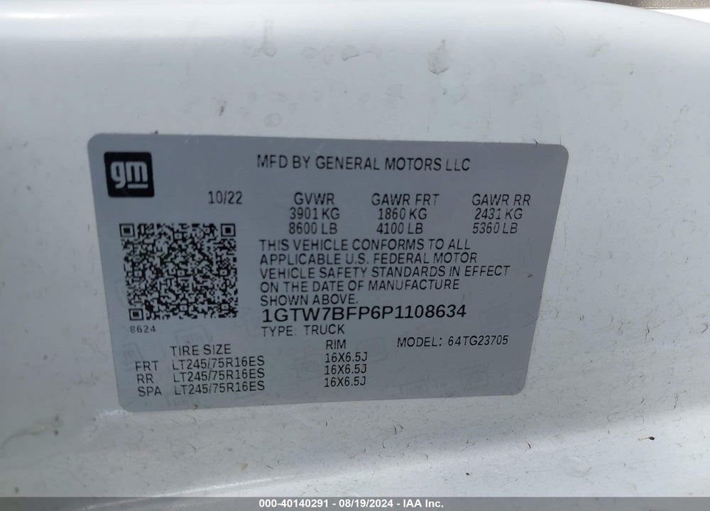 2023 GMC SAVANA CARGO RWD 2500 EXTENDED WHEELBASE WORK VAN VIN: 1GTW7BFP6P1108634