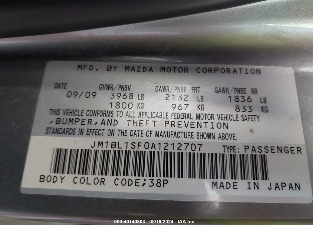 2010 MAZDA 3 I TOURING VIN: JM1BL1SF0A1212707