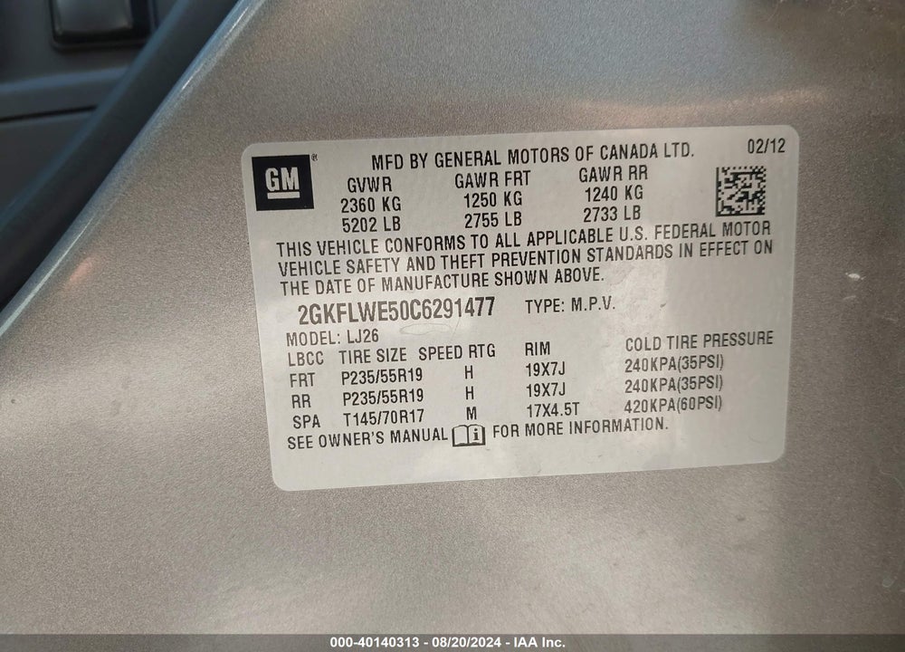 2012 GMC TERRAIN SLT-2 VIN: 2GKFLWE50C6291477