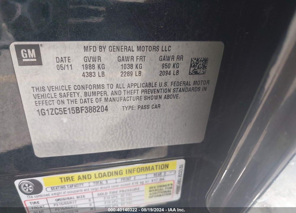 2011 CHEVROLET MALIBU 1LT VIN: 1G1ZC5E15BF388204