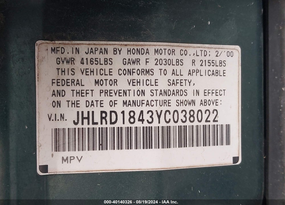 2000 HONDA CR-V LX VIN: JHLRD1843YC038022