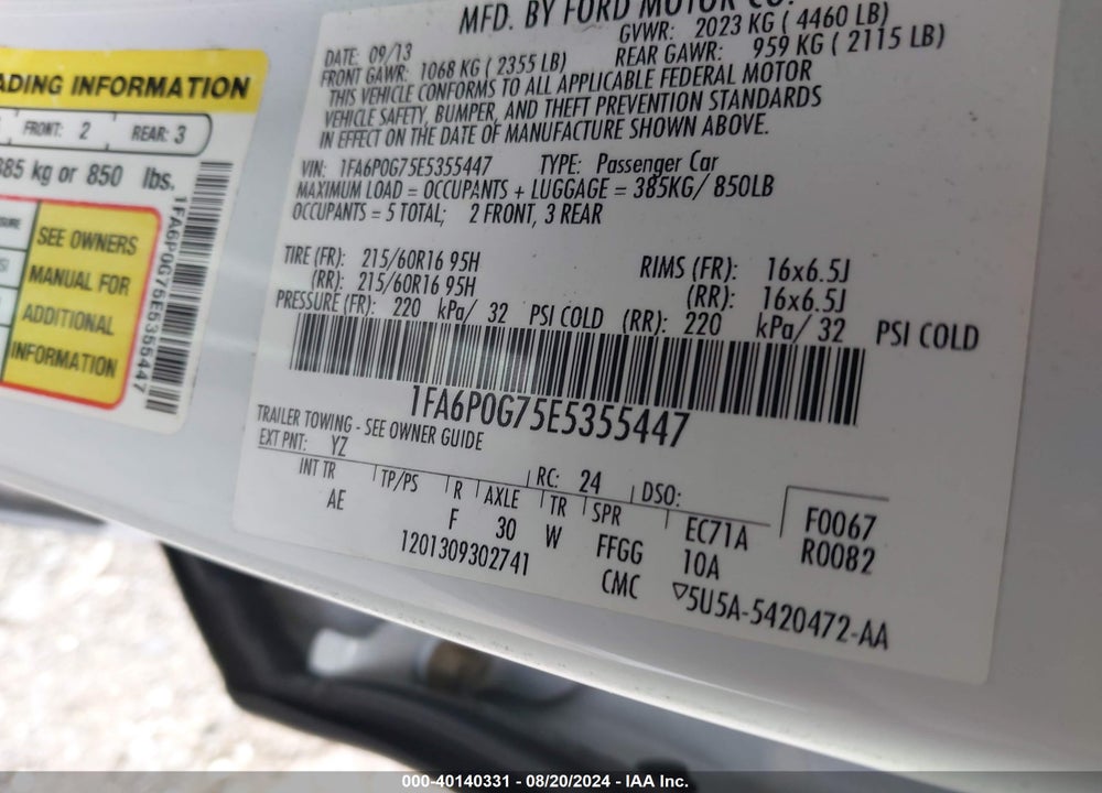 2014 FORD FUSION S VIN: 1FA6P0G75E5355447