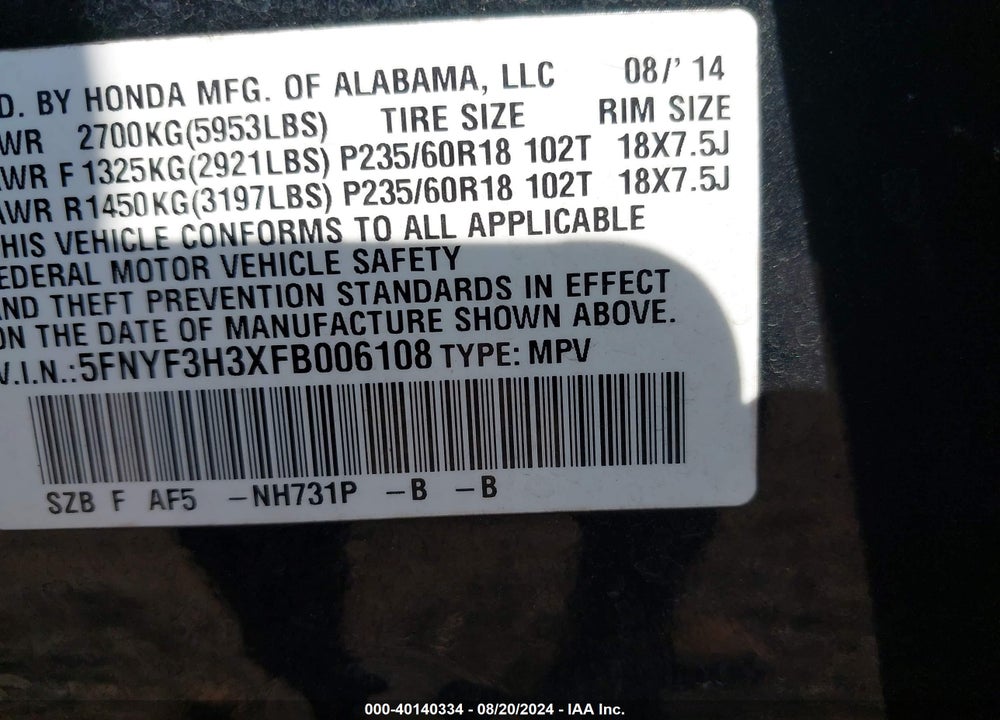 2015 HONDA PILOT SE VIN: 5FNYF3H3XFB006108