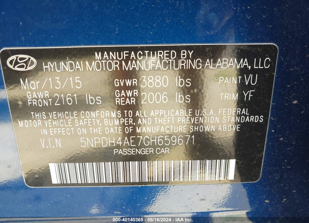 2016 HYUNDAI ELANTRA SE VIN: 5NPDH4AE7GH659671