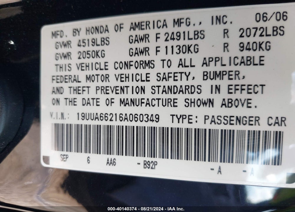 2006 ACURA TL VIN: 19UUA66216A060349