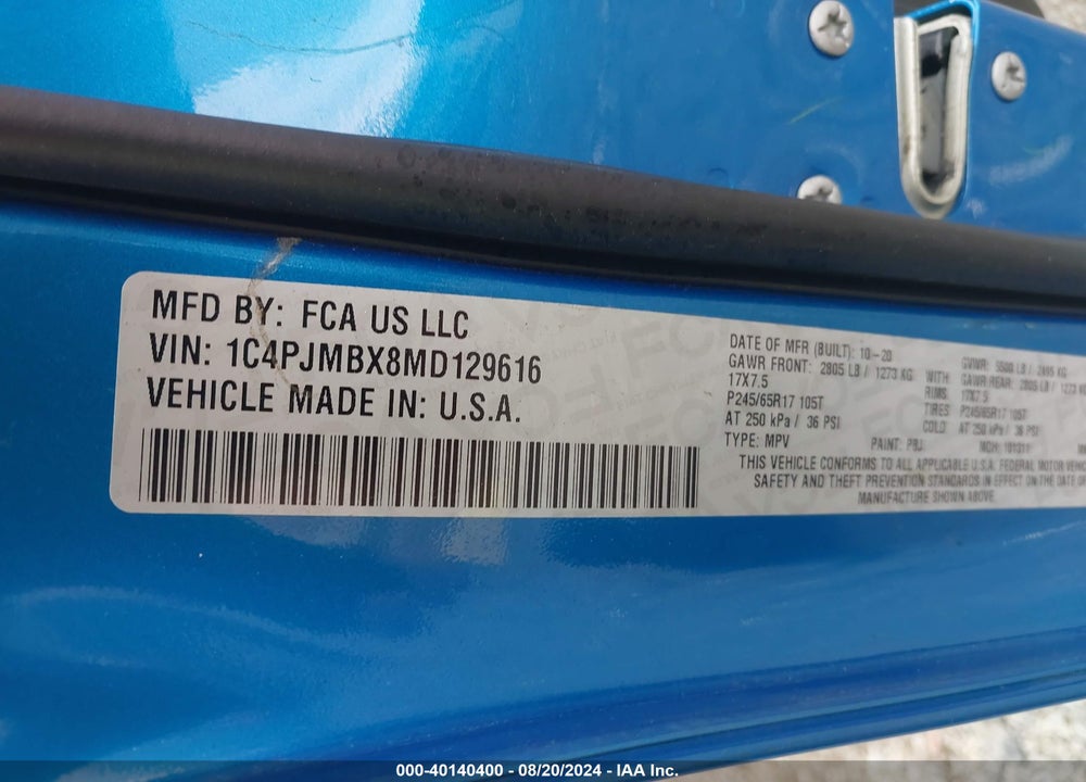 2021 JEEP CHEROKEE TRAILHAWK 4X4 VIN: 1C4PJMBX8MD129616