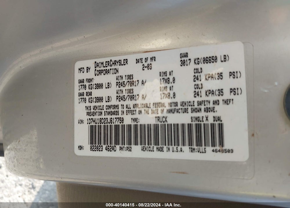 2003 DODGE RAM 1500 SLT/LARAMIE/ST VIN: 1D7HU18D23J617750