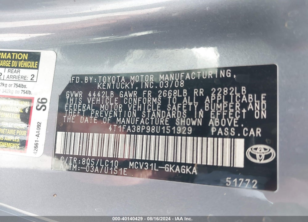 2008 TOYOTA CAMRY SOLARA SLE VIN: 4T1FA38P98U151929