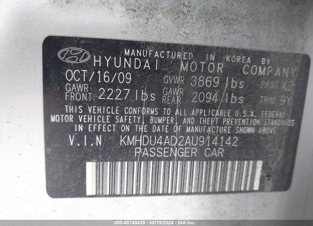 2010 HYUNDAI ELANTRA SE VIN: KMHDU4AD2AU914142