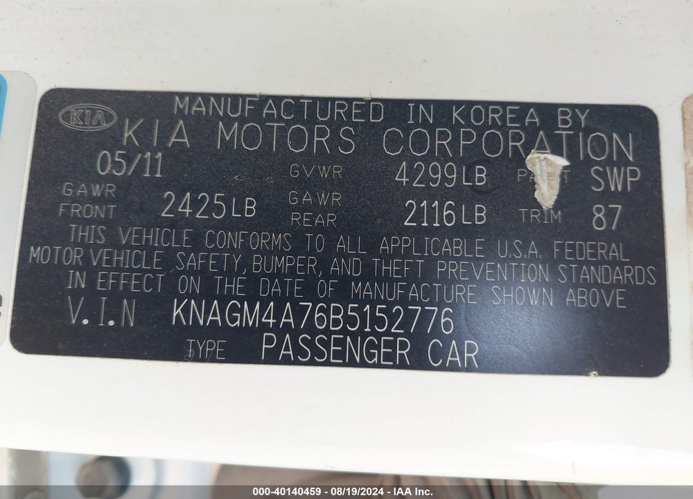 2011 KIA OPTIMA LX VIN: KNAGM4A76B5152776