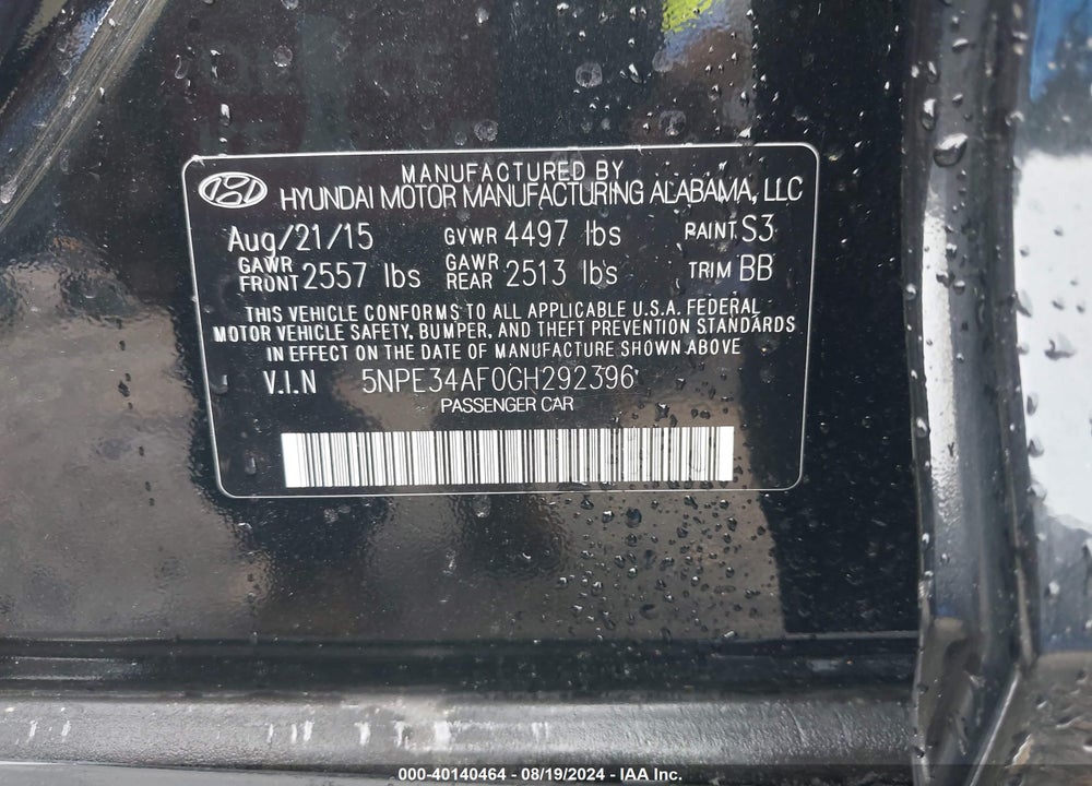 2016 HYUNDAI SONATA SPORT VIN: 5NPE34AF0GH292396