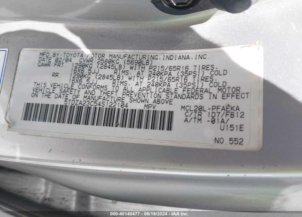 2004 TOYOTA SIENNA LE VIN: 5TDZA23C54S122104