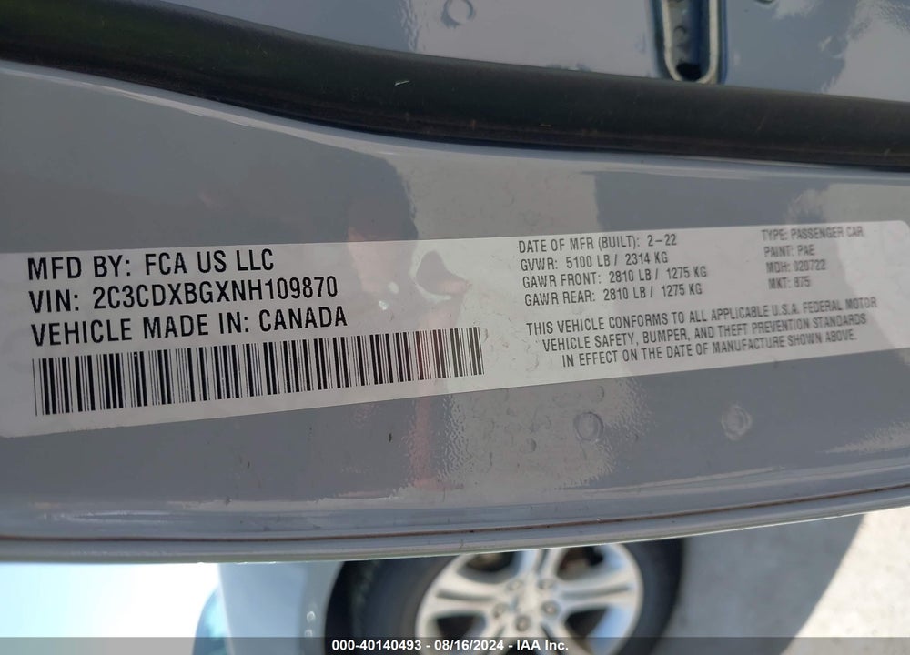 2022 DODGE CHARGER SXT RWD VIN: 2C3CDXBGXNH109870