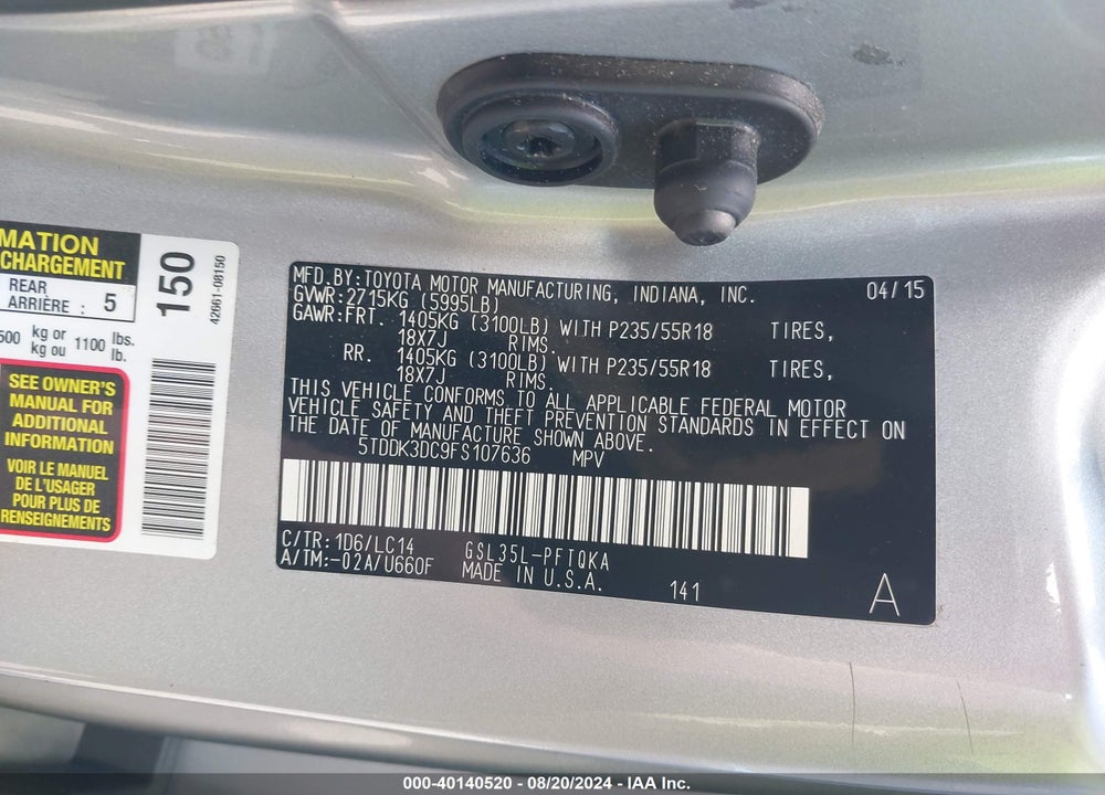 2015 TOYOTA SIENNA XLE 7 PASSENGER VIN: 5TDDK3DC9FS107636