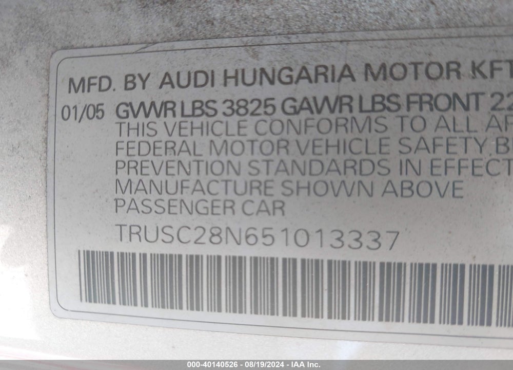 2005 AUDI TT 1.8L VIN: TRUSC28N651013337