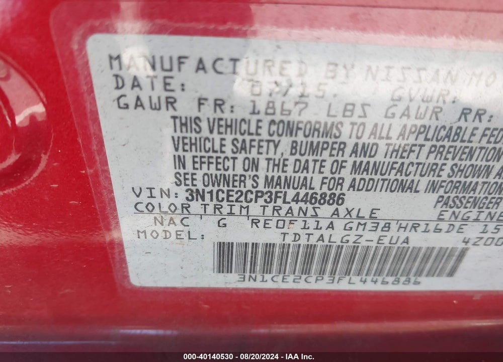 2015 NISSAN VERSA NOTE VIN: 3N1CE2CP3FL446886