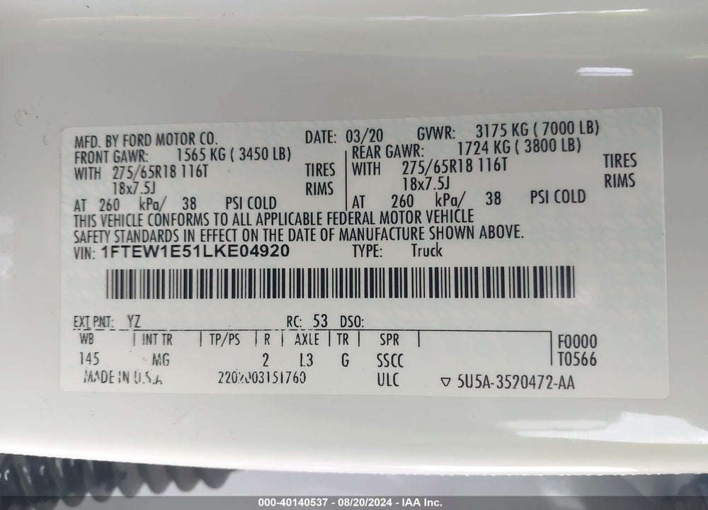 2020 FORD F-150 XLT VIN: 1FTEW1E51LKE04920