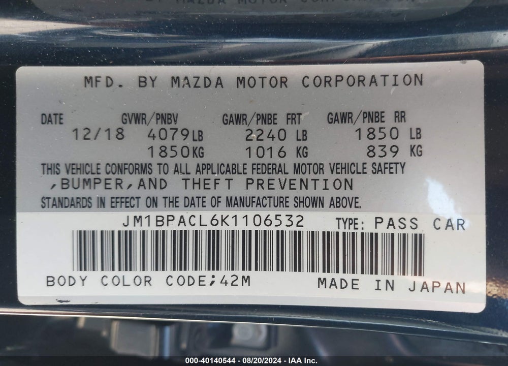 2019 MAZDA 3 SELECT PACKAGE VIN: JM1BPACL6K1106532