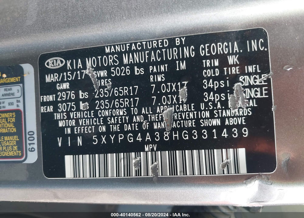 2017 KIA SORENTO 2.4L L VIN: 5XYPG4A38HG331439