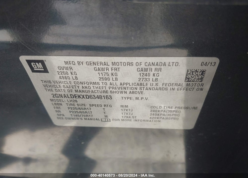 2013 CHEVROLET EQUINOX 1LT VIN: 2GNALDEKXD6348163