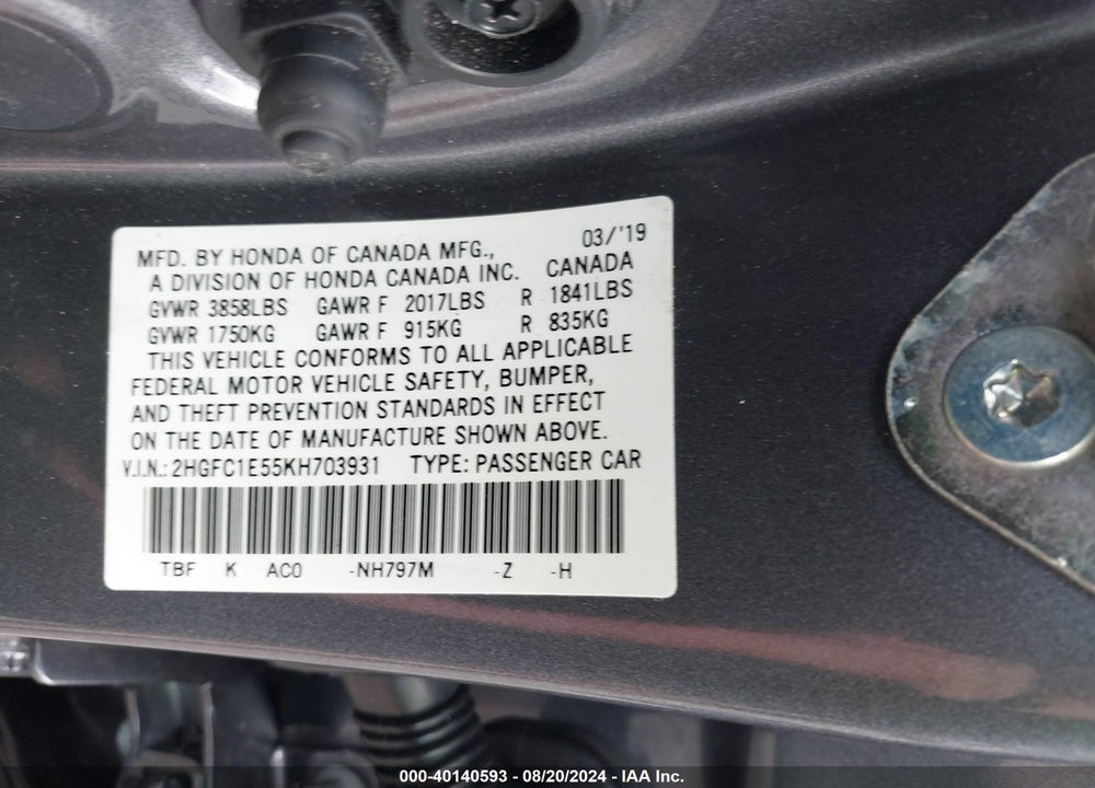 2019 HONDA CIVIC SI VIN: 2HGFC1E55KH703931