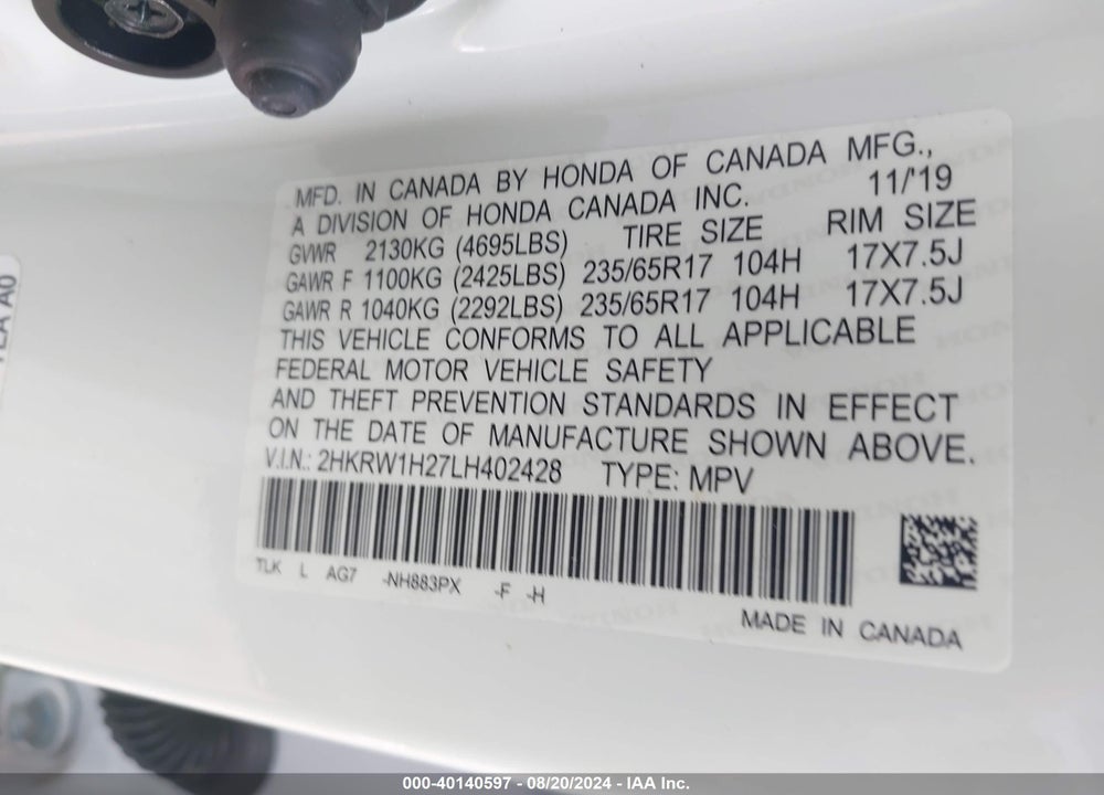 2020 HONDA CR-V 2WD LX VIN: 2HKRW1H27LH402428