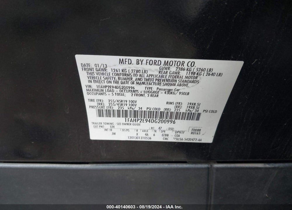 2013 FORD TAURUS SEL VIN: 1FAHP2E94DG200996