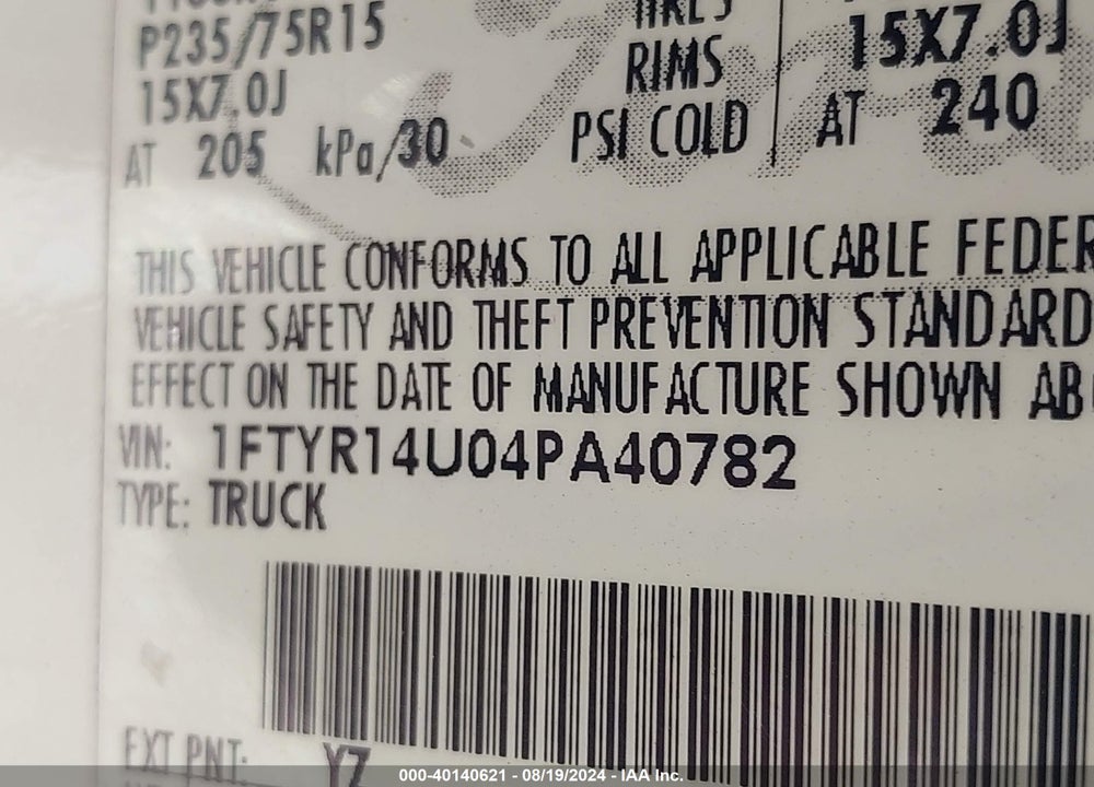 2004 FORD RANGER EDGE/TREMOR/XL/XLT VIN: 1FTYR14U04PA40782