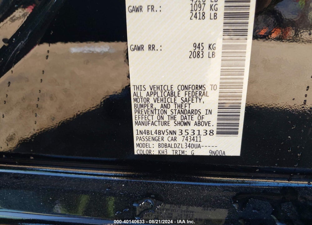 2022 NISSAN ALTIMA S FWD VIN: 1N4BL4BV5NN353138