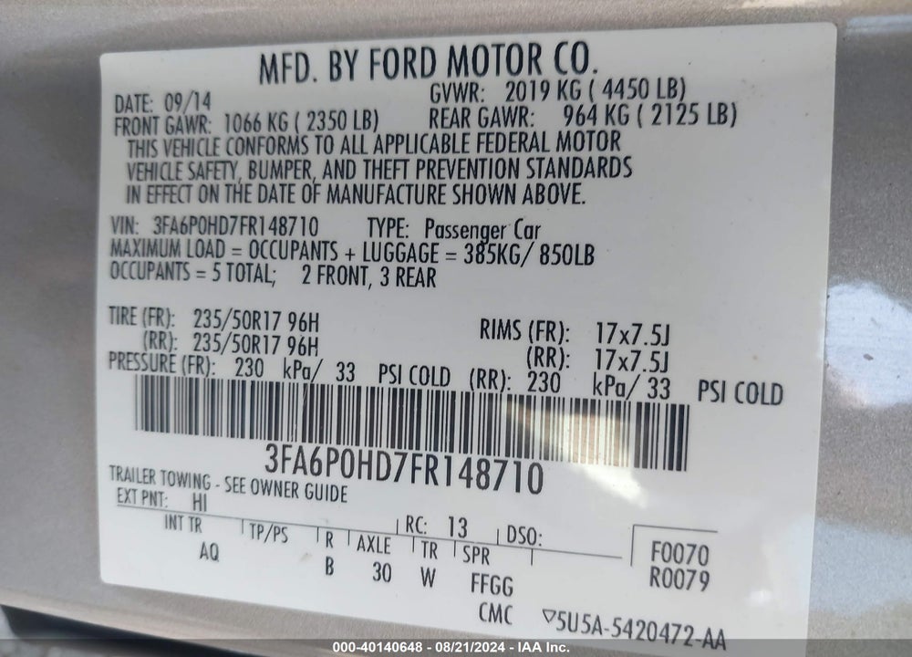 2015 FORD FUSION SE VIN: 3FA6P0HD7FR148710