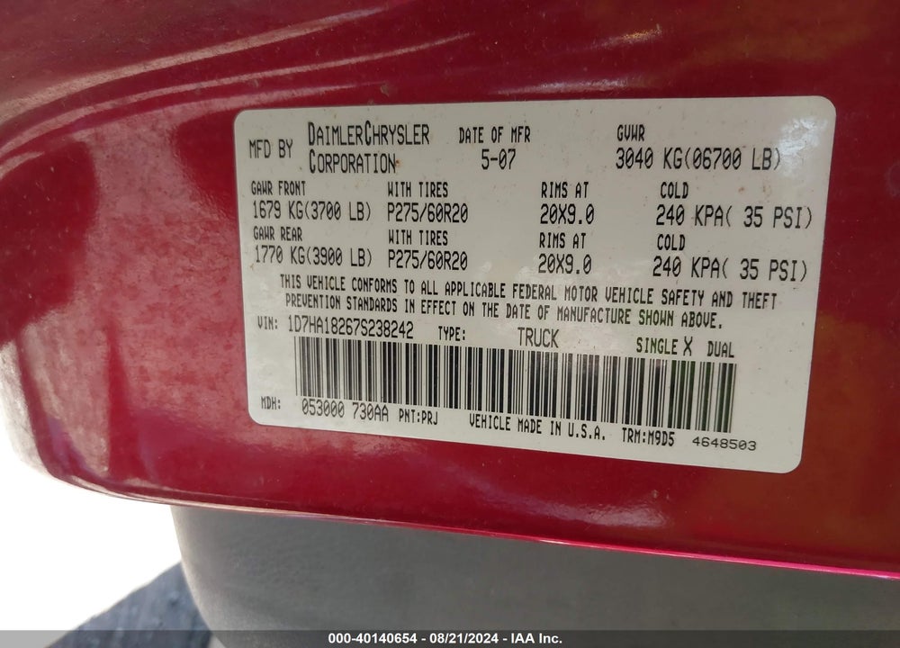 2007 DODGE RAM 1500 SLT VIN: 1D7HA18267S238242