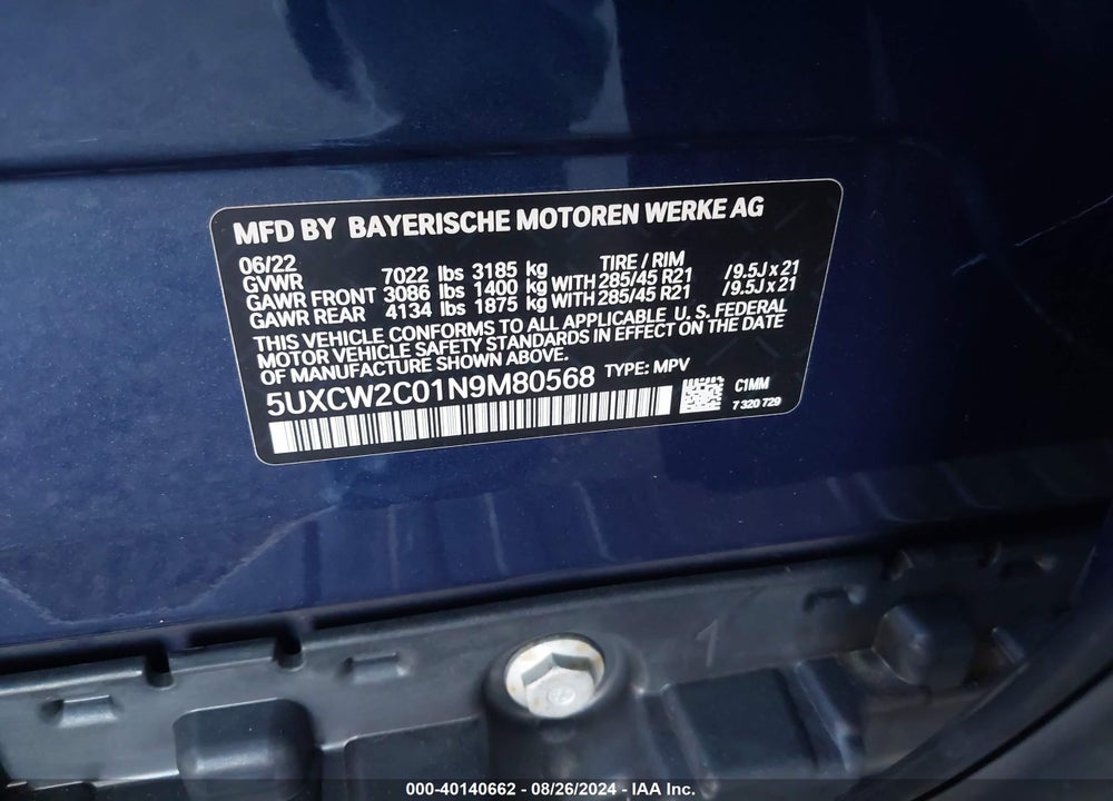2022 BMW X7 XDRIVE40I VIN: 5UXCW2C01N9M80568