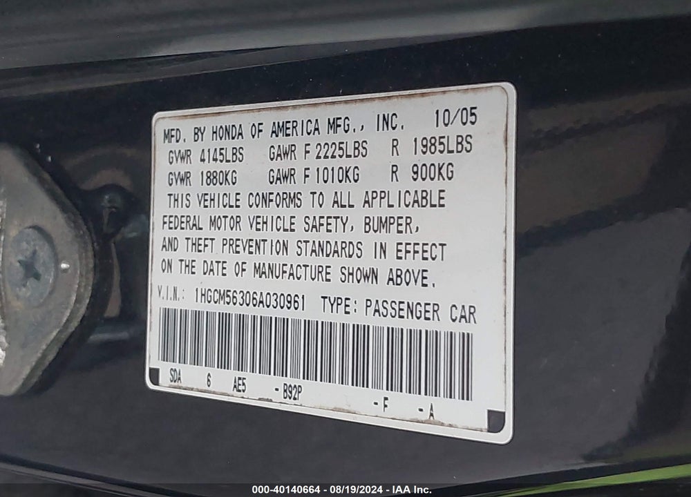 2006 HONDA ACCORD 2.4 SE VIN: 1HGCM56306A030961