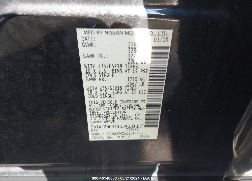 2018 NISSAN MURANO SV VIN: 5N1AZ2MH9JN141817