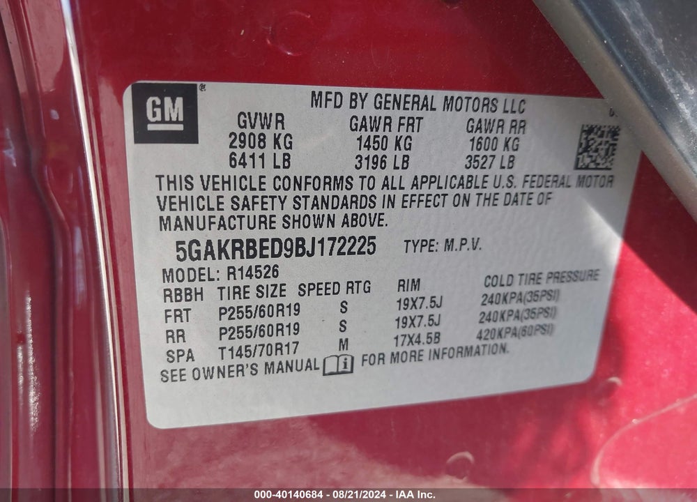 2011 BUICK ENCLAVE 1XL VIN: 5GAKRBED9BJ172225