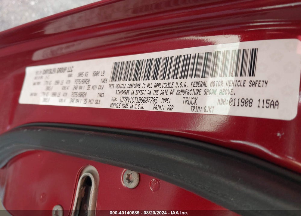 2011 RAM 1500 LAIE VIN: 1D7RV1CT1BS607705