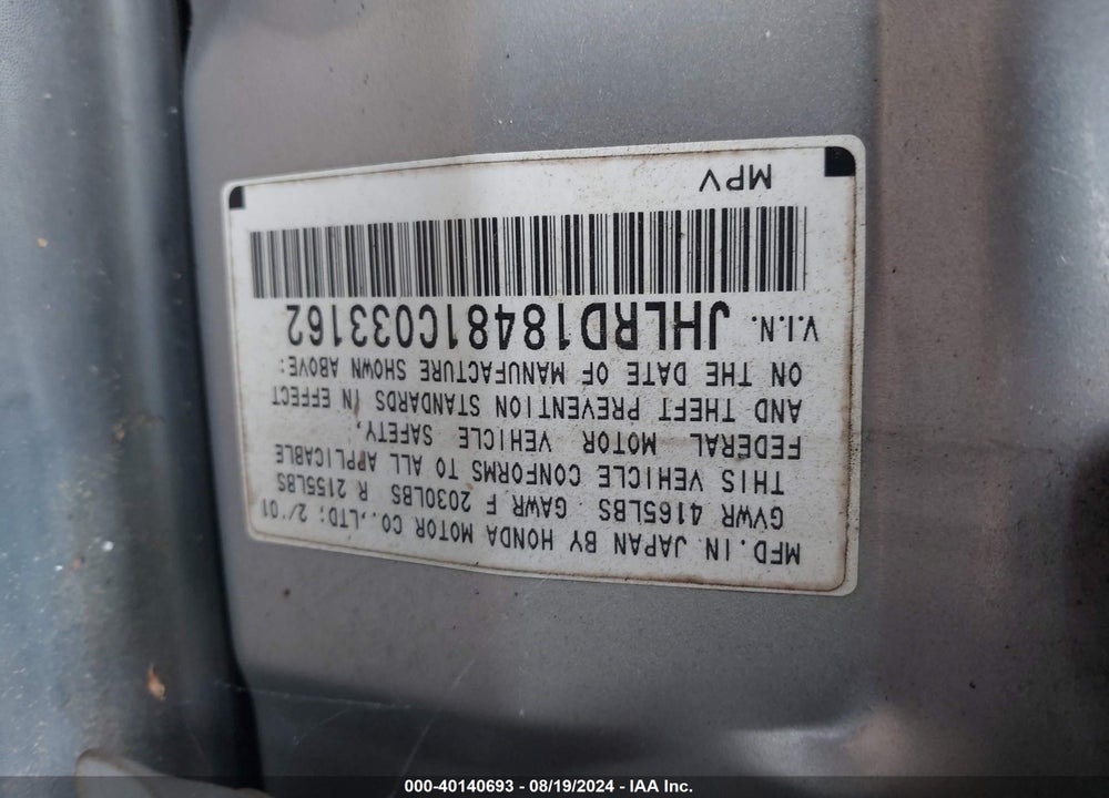2001 HONDA CR-V LX VIN: JHLRD18481C033162