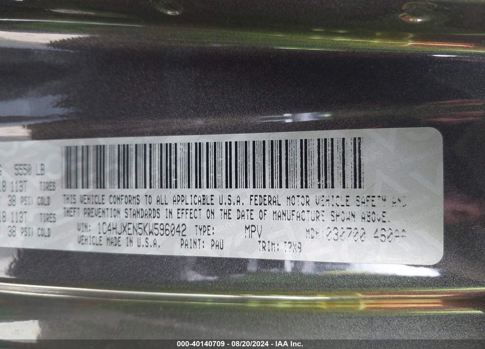2019 JEEP WRANGLER UNLIMITED SAHARA 4X4 VIN: 1C4HJXEN5KW596042