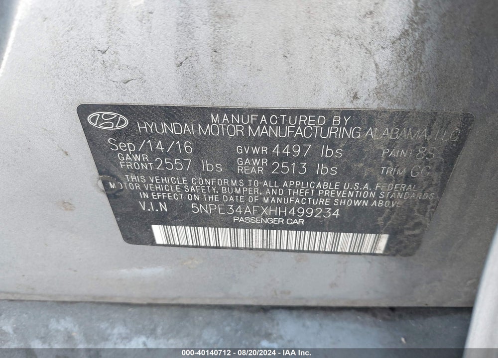 2017 HYUNDAI SONATA SPORT VIN: 5NPE34AFXHH499234